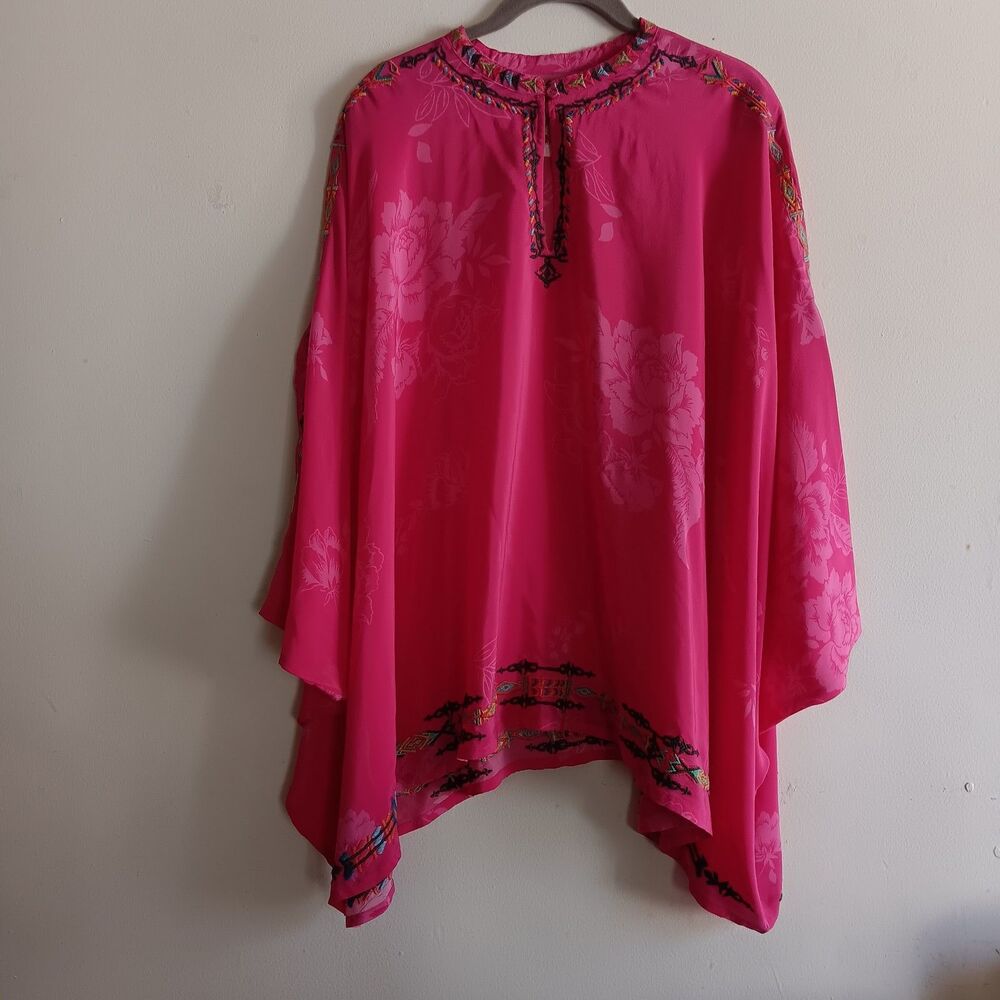Johnny Was Sascha poncho silk pink embroidered accents lightweight beach sz L/XL